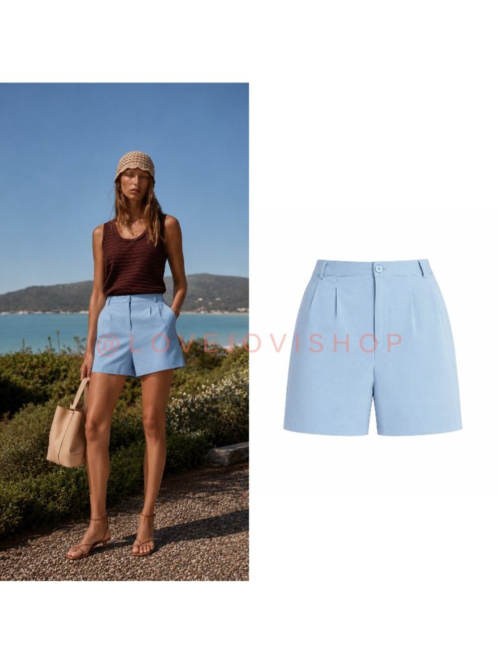 Shorts | Open Edit Light Sky Blue Pinch Pleat Dress Shorts | Inseam High Rise